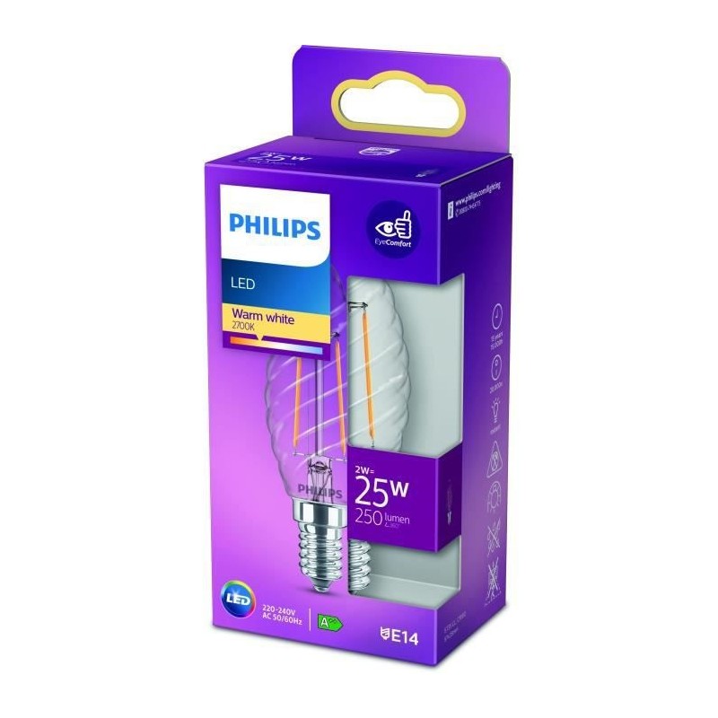 PHILIPS LED Classic 25W Flamme Torsadée E14 Blanc Chaud Non Dimmable