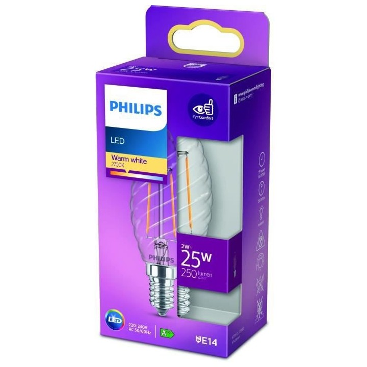 PHILIPS LED Classic 25W Flamme Torsadée E14 Blanc Chaud Non Dimmable