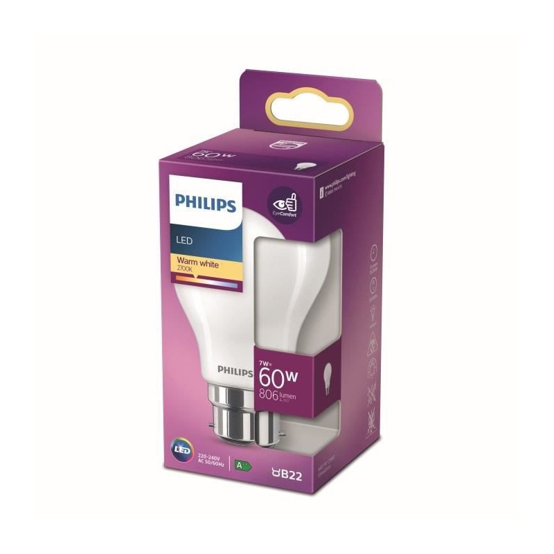 Philips ampoule LED Equivalent 60W B22 Blanc chaud non dimmable, verre