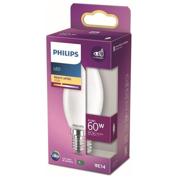 Ampoule LED PHILIPS Non dimmable - E14 - 60W - Blanc Chaud