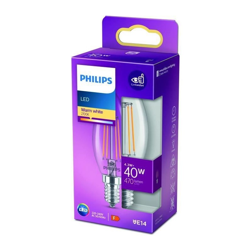 PHILIPS LED Classic 40W Flamme E14 Blanc Chaud Non Dimmable