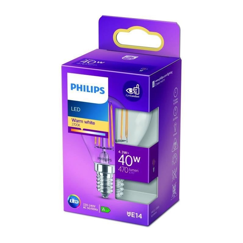 PHILIPS LED Classic 40W Sphérique E14 Blanc Chaud Non Dimmable