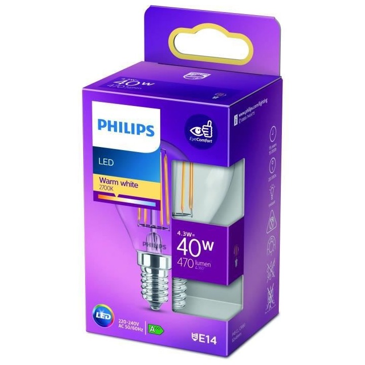 PHILIPS LED Classic 40W Sphérique E14 Blanc Chaud Non Dimmable
