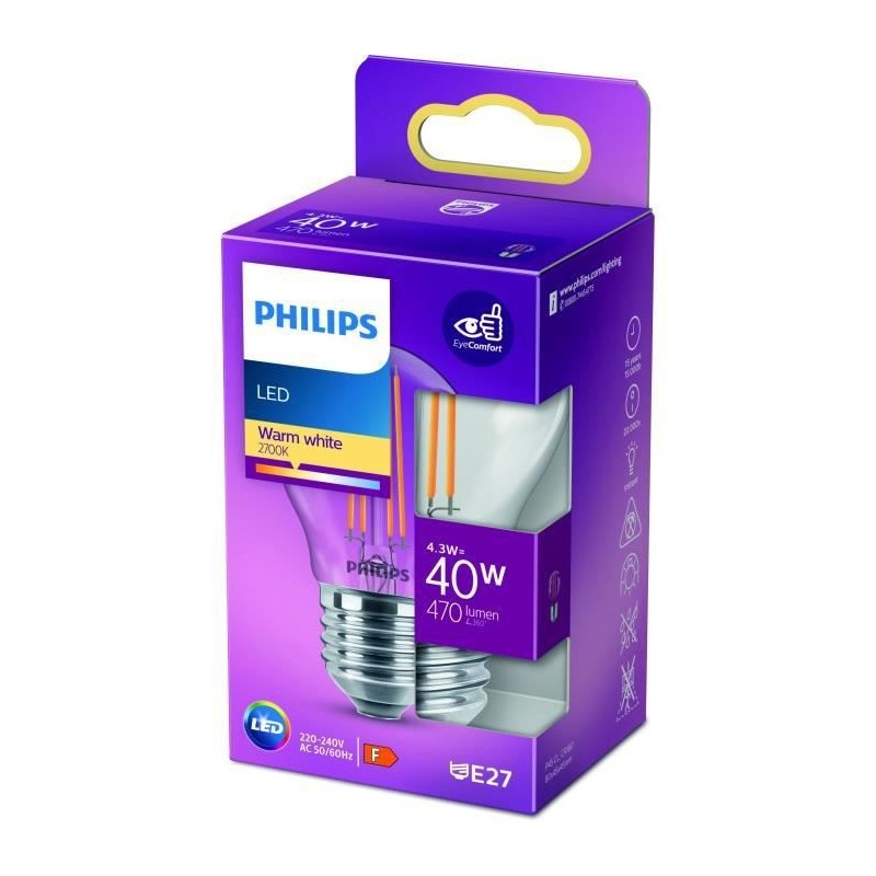 PHILIPS LED Classic 40W Sphérique E27 Blanc Chaud Non Dimmable