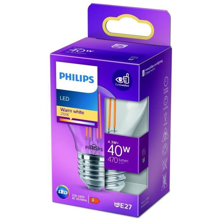 PHILIPS LED Classic 40W Sphérique E27 Blanc Chaud Non Dimmable