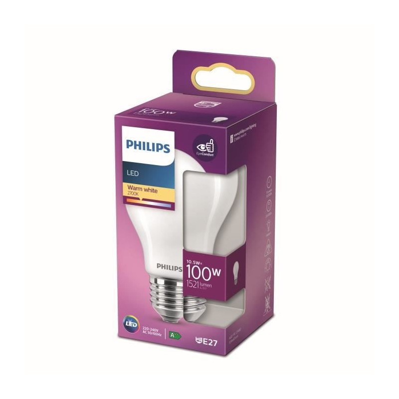 Philips ampoule LED Equivalent 100W E27 Blanc chaud Non dimmable, Plastique