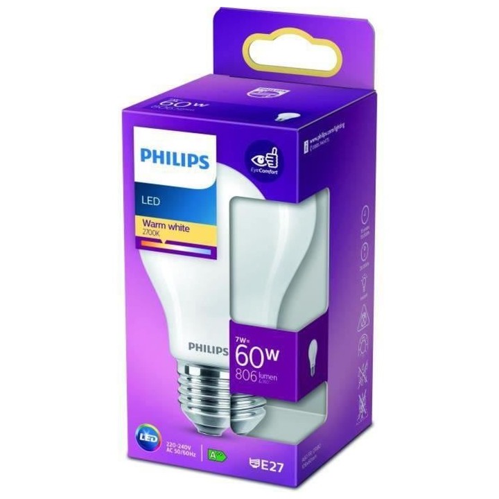 Ampoule standard LED PHILIPS Non dimmable - Verre dépoli - E27 - 60W
