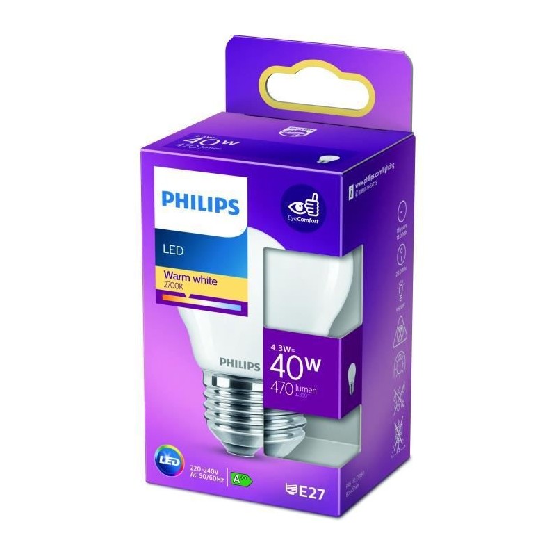 PHILIPS LED Classic 40W Sphérique E27 Blanc Chaud Dépolie Non Dimmable