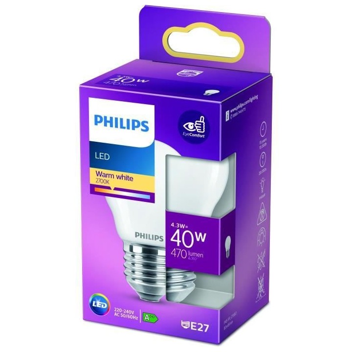 PHILIPS LED Classic 40W Sphérique E27 Blanc Chaud Dépolie Non Dimmab