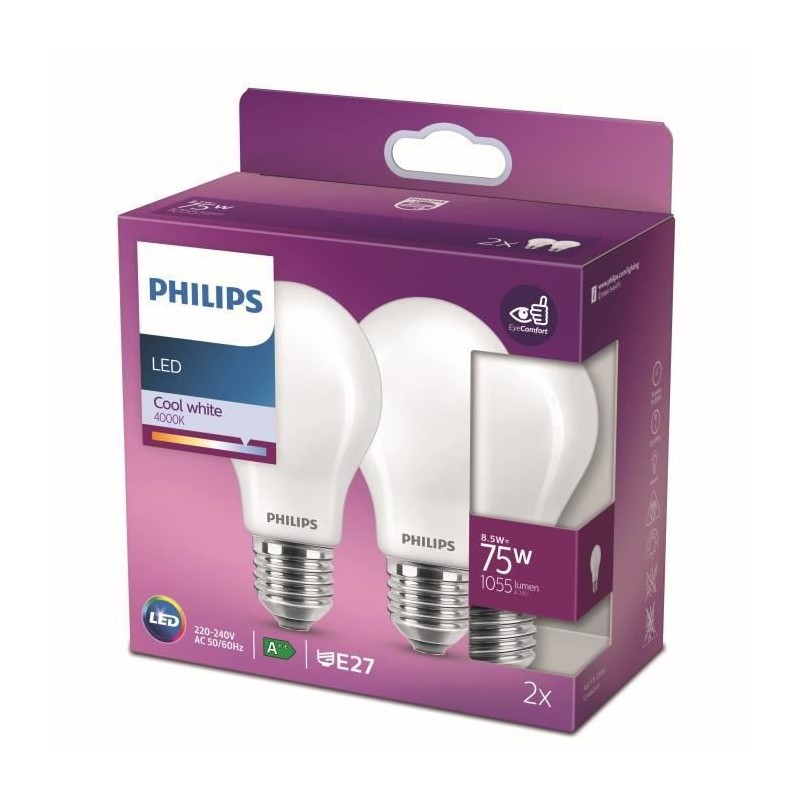 Philips ampoule LED Equivalent 75W E27 Blanc froid non dimmable, verre, lot de 2