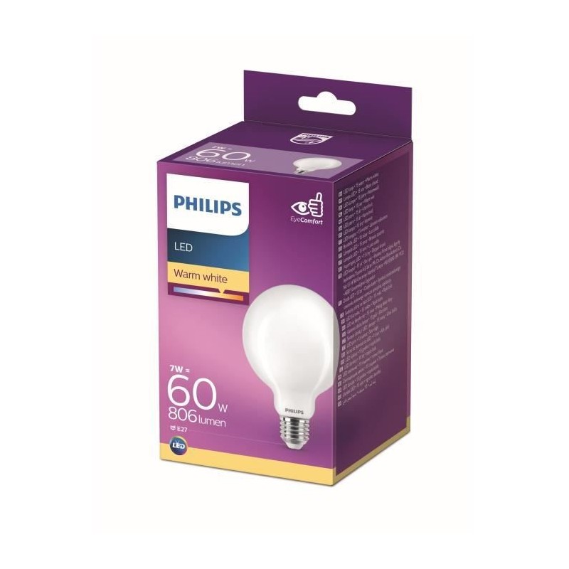 Philips ampoule LED Equivalent 60W E27 Blanc chaud non dimmable, verre