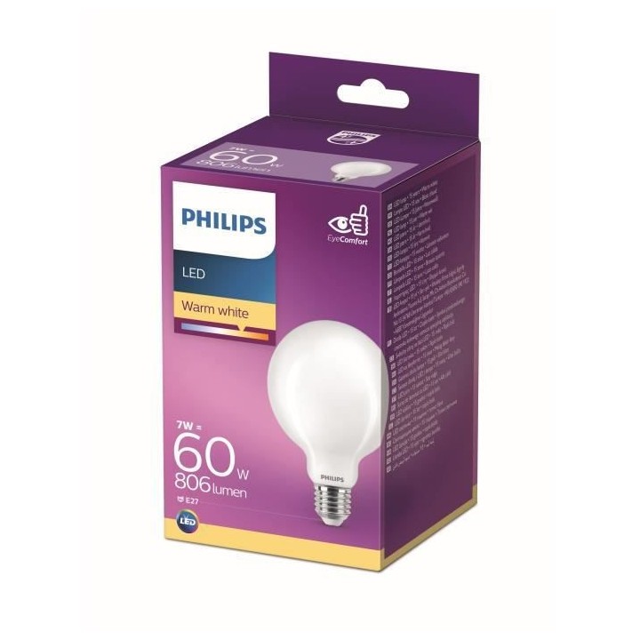 Philips ampoule LED Equivalent 60W E27 Blanc chaud non dimmable, verre