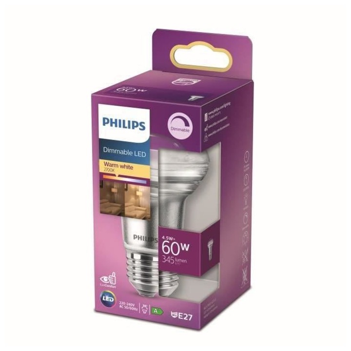Ampoule LED PHILIPS Dimmable - E27 - 60W - Blanc Chaud
