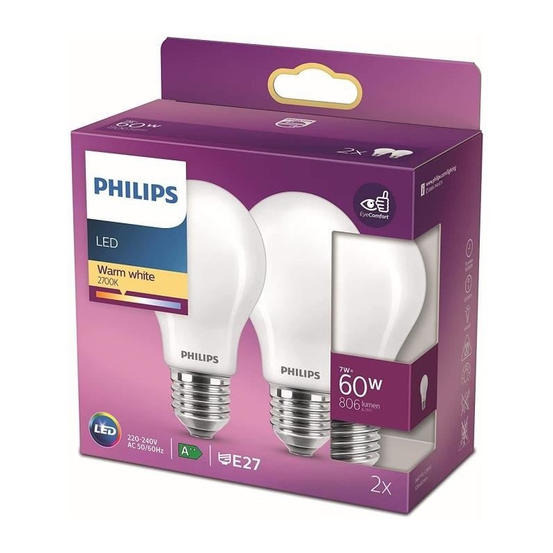 PHILIPS LED Classic 60W Standard E27 Blanc Chaud Non Dimmable Lot de 2