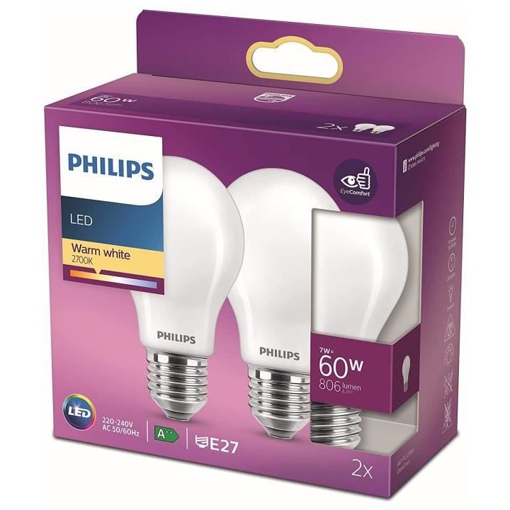 PHILIPS LED Classic 60W Standard E27 Blanc Chaud Non Dimmable Lot de 2
