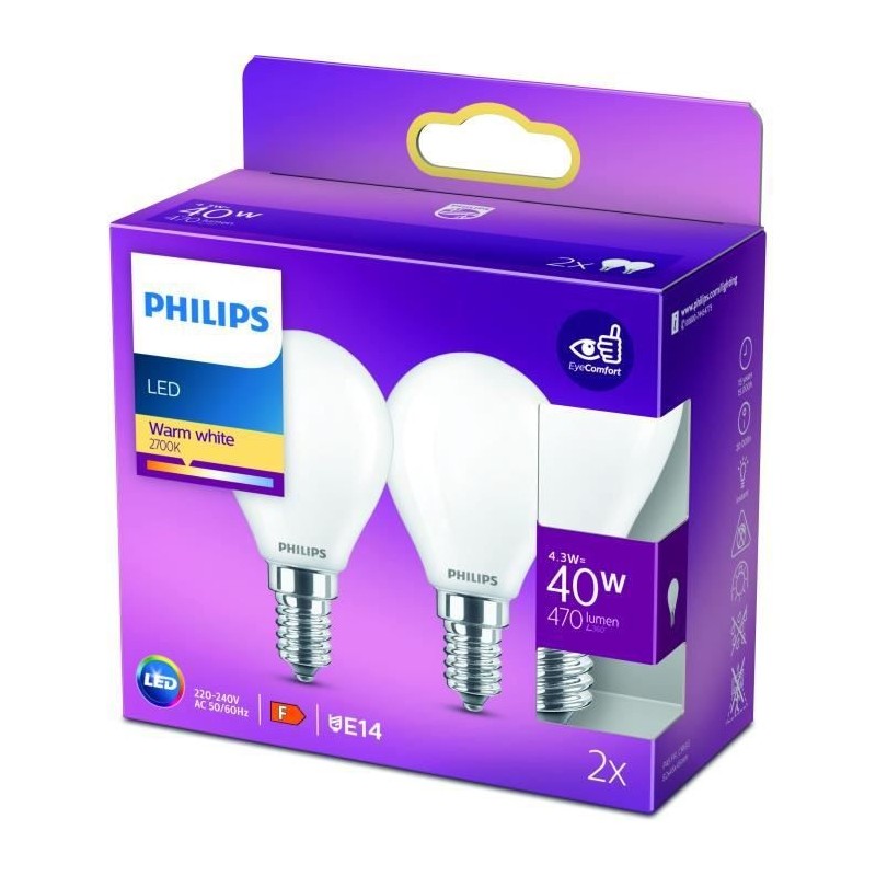 PHILIPS LED Classic 40W Sphérique E14 Blanc Chaud Dépolie Non Dimmable Lot de 2