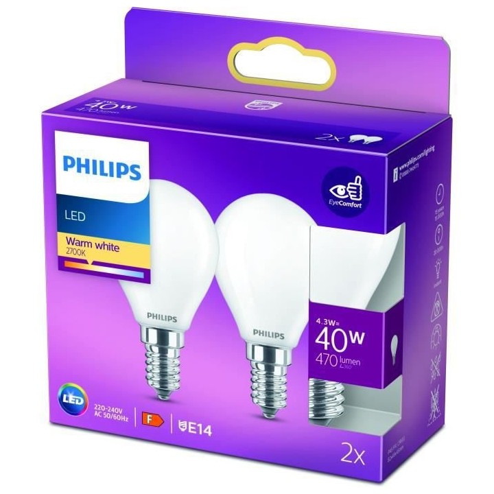 PHILIPS LED Classic 40W Sphérique E14 Blanc Chaud Dépolie Non Dimmab