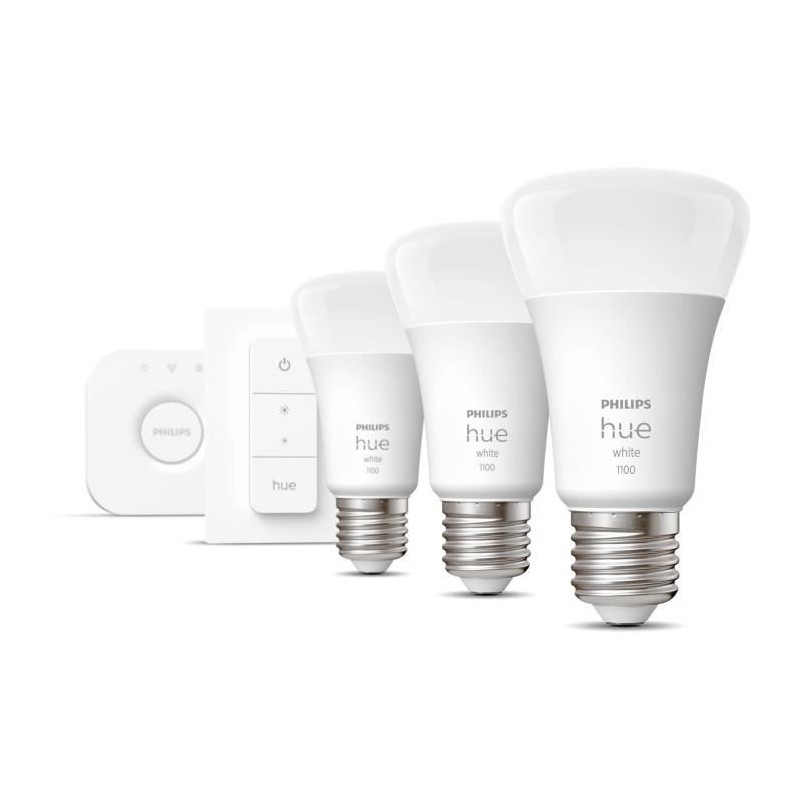 PHILIPS Hue White Kit de démarrage ampoule LED connectée 9,5W - E27 x3 et télécommande Hue