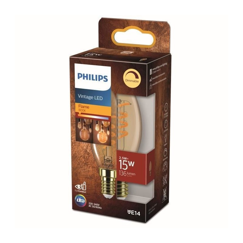 PHILIPS Ampoule LED Flamme E14 - 15W Blanc Chaud Ambré - Compatible Variateur - Verre