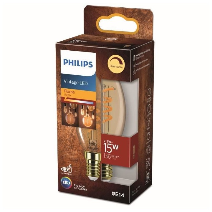 PHILIPS Ampoule LED Flamme E14 - 15W Blanc Chaud Ambré - Compatible V