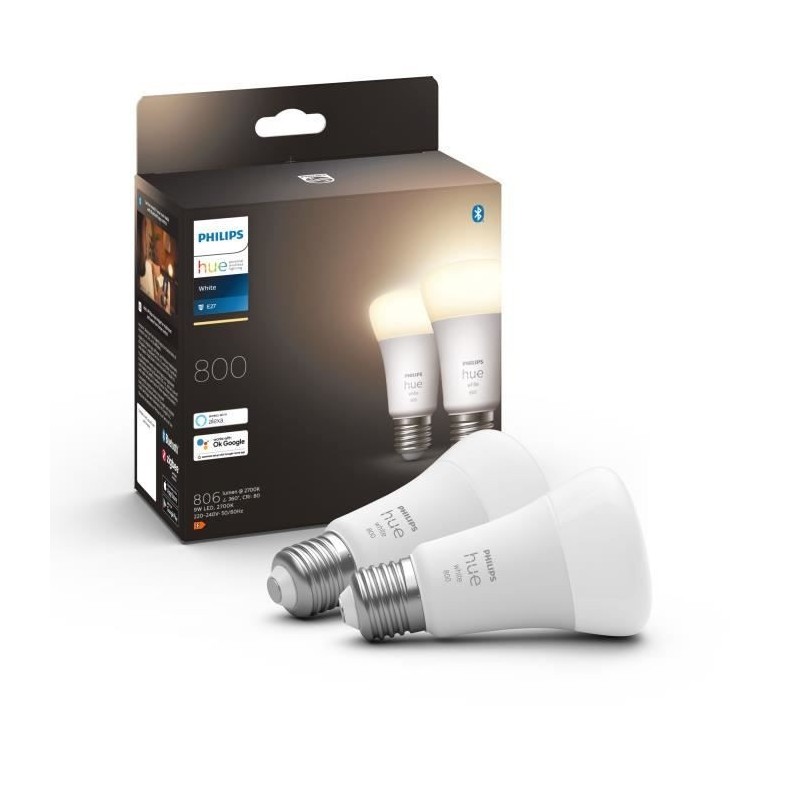 PHILIPS Hue White Ampoules LED connectées E27 - Compatible Bluetooth pack de 2