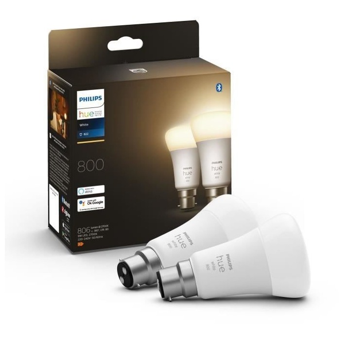 PHILIPS Hue White - Ampoule LED connectée 9,5W - B22 - Compatible Blu