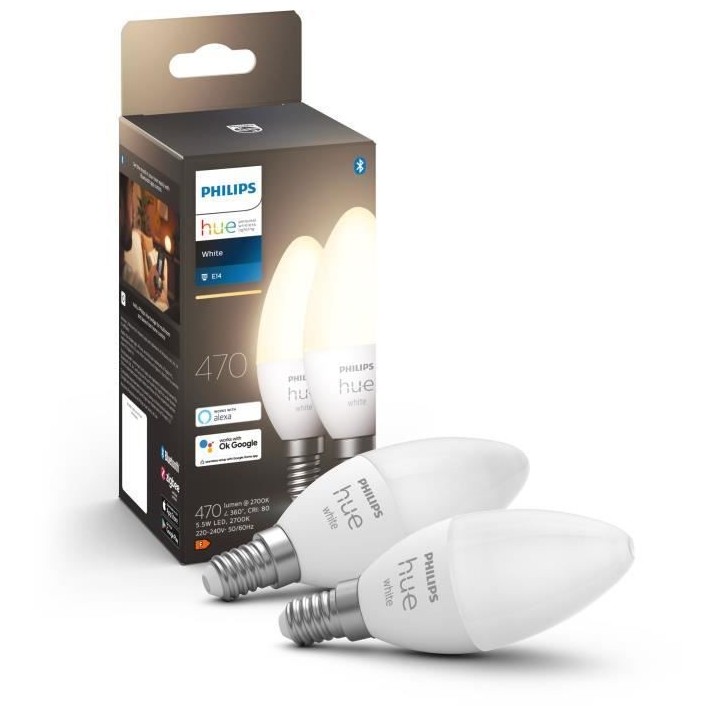PHILIPS Hue White - Ampoules LED connectées E14 - Compatible Bluetoot