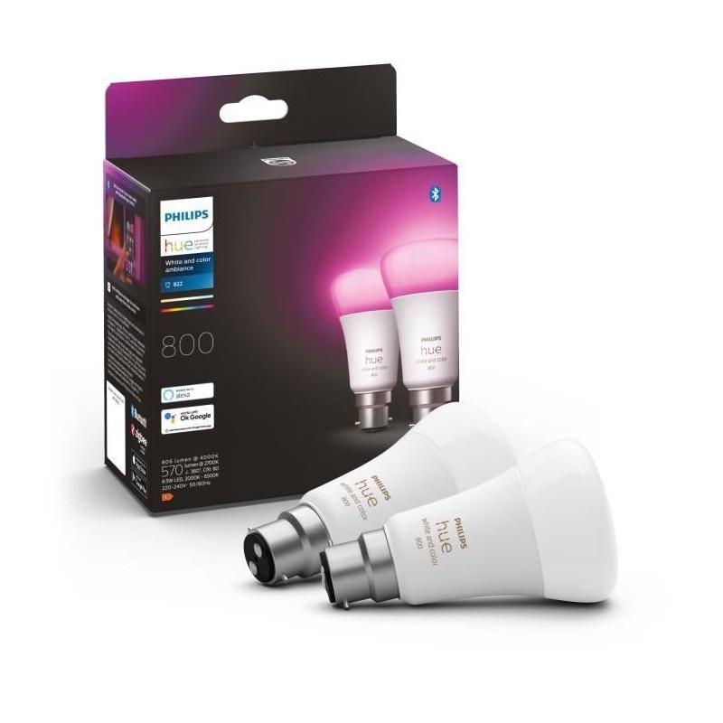 PHILIPS Hue White & Color Ambiance - Ampoule LED connectée 10W - B22 - Compatible Bluetooth - Pack de 2