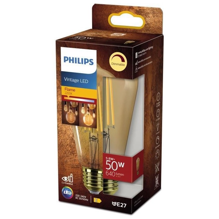 PHILIPS Ampoule LED Edison Vintage Filament E27 - 50W Claire Ambrée -