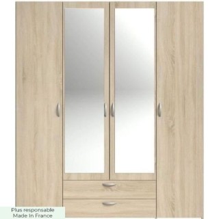 PARISOT Armoire 4 portes battantes avec 2 miroirs + 2 tiroirs - Chene