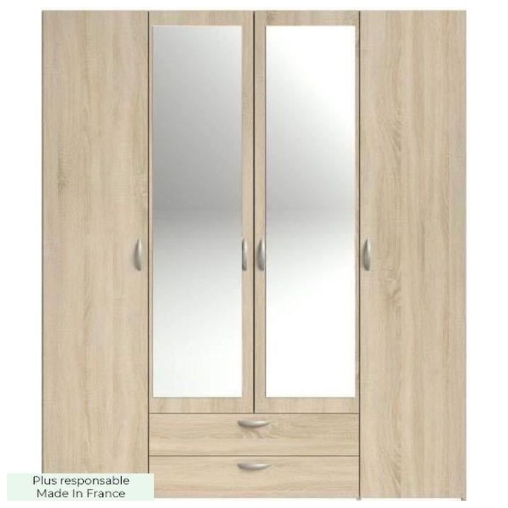 PARISOT Armoire 4 portes battantes avec 2 miroirs + 2 tiroirs - Chene
