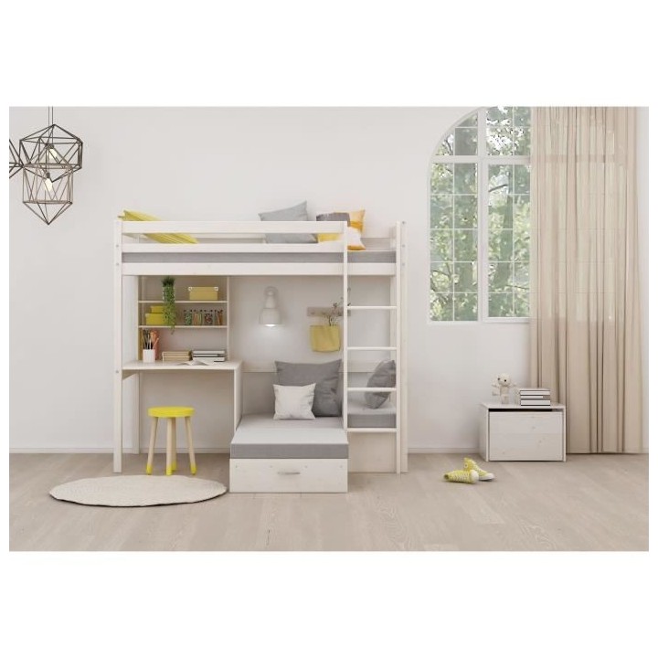 Lit mezzanine combiné - Bois massif - Blanc - Sommier inclus - 90x 20