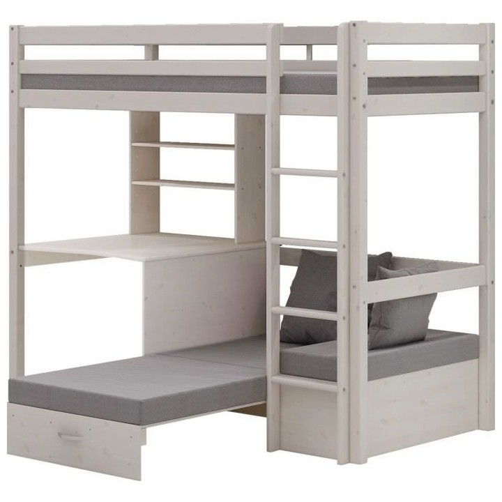 Lit mezzanine combiné - Bois massif - Blanc - Sommier inclus - 90x 20