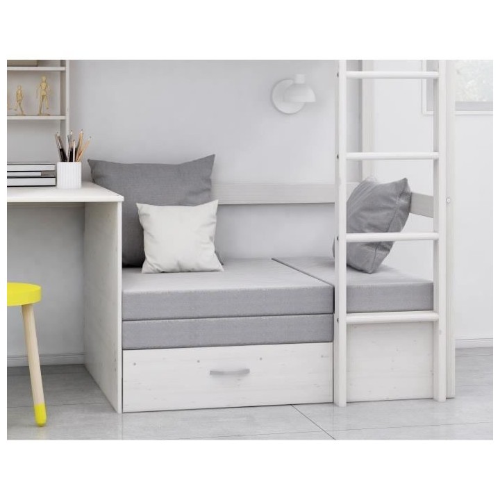 Lit mezzanine combiné - Bois massif - Blanc - Sommier inclus - 90x 20