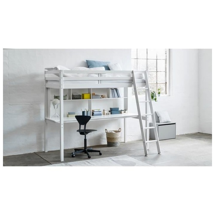 Lit mezzanine combiné - Bois massif - Blanc laqué - Sommier a lattes