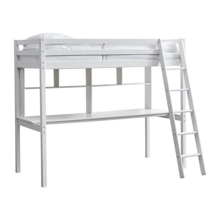 Lit mezzanine combiné - Bois massif - Blanc laqué - Sommier a lattes