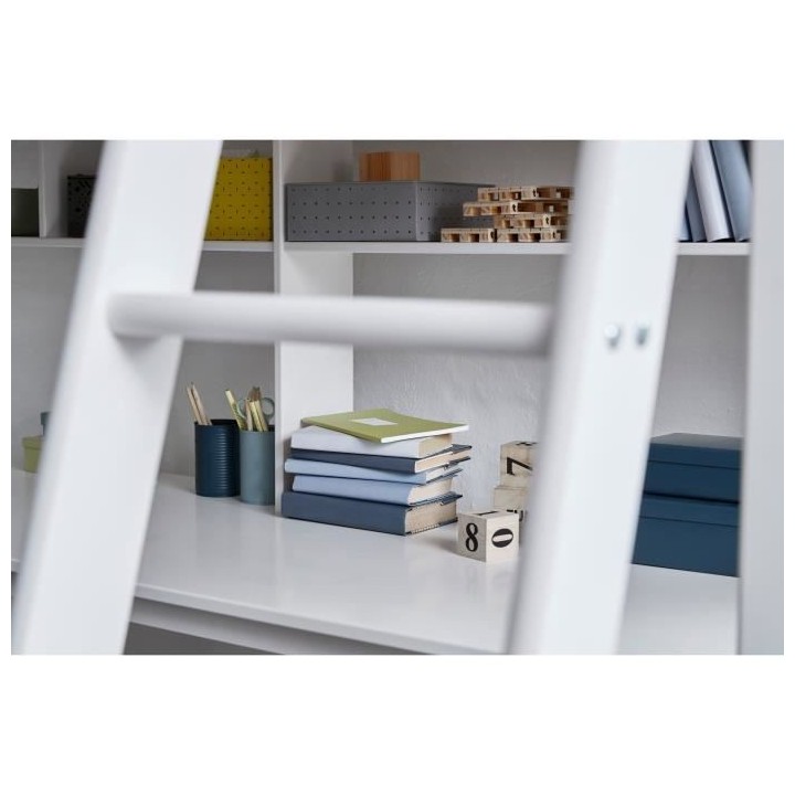 Lit mezzanine combiné - Bois massif - Blanc laqué - Sommier a lattes