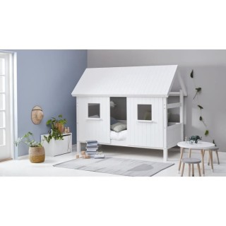 Lit cabane enfant 90 x 200 cm - Pin et MDF blanc laqué - Sommier incl