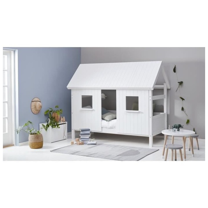 Lit cabane enfant 90 x 200 cm - Pin et MDF blanc laqué - Sommier incl