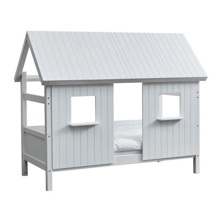 Lit cabane enfant 90 x 200 cm - Pin et MDF blanc laqué - Sommier incl