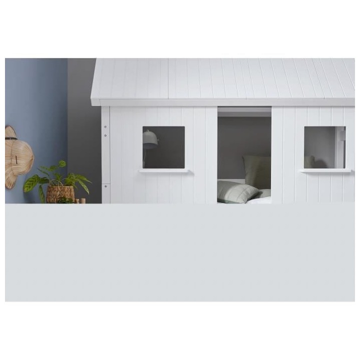 Lit cabane enfant 90 x 200 cm - Pin et MDF blanc laqué - Sommier incl