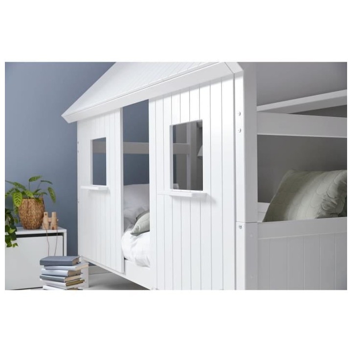 Lit cabane enfant 90 x 200 cm - Pin et MDF blanc laqué - Sommier incl