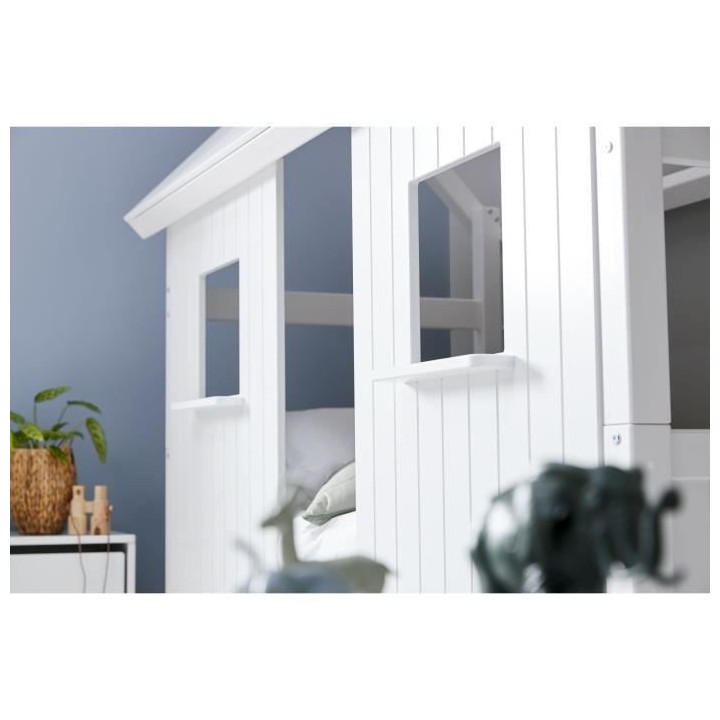 Lit cabane enfant 90 x 200 cm - Pin et MDF blanc laqué - Sommier incl
