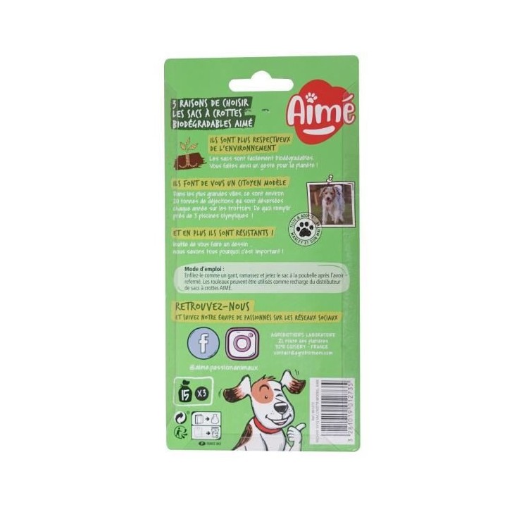AIME Recharge 3x15 sacs a crottes pour chien biodégradables - 3 roule