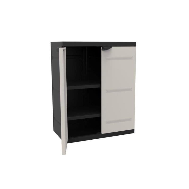 TITANIUM PLASTIKEN Armoire basse 2 portes avec étageres l70 x p44 x h88 cm Beige et Noire Gamme TITANIUM Intérieur/Extérieur