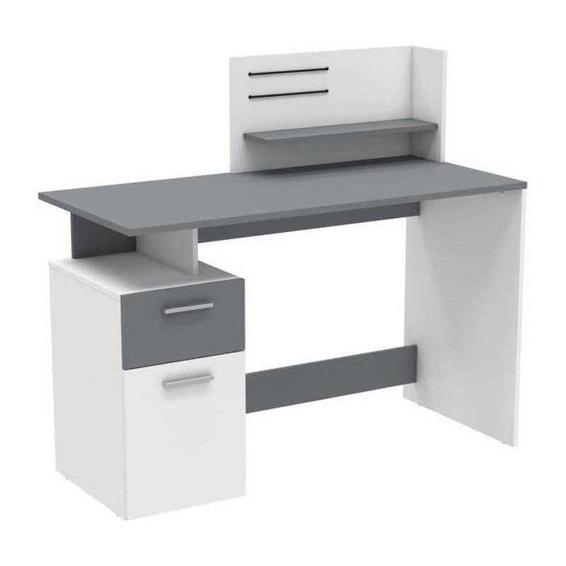 Bureau droit - Blanc et gris - Contemporain - L 121,5 x H 109,7 x P 55,1 cm - 1 porte 1 tiroir - PLATON