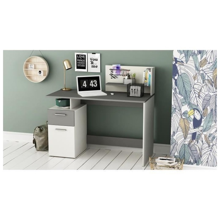 Bureau droit - Blanc et gris - Contemporain - L 121,5 x H 109,7 x P 55