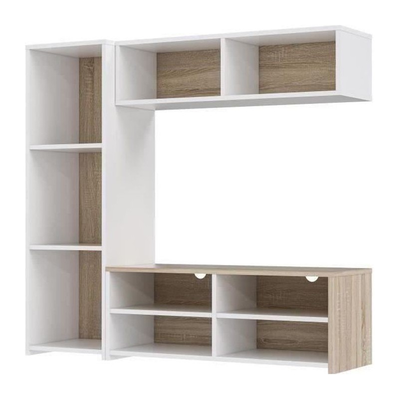 Meuble TV PILVI - Blanc et chene - L 143,5 x P 40 x H 129 cm