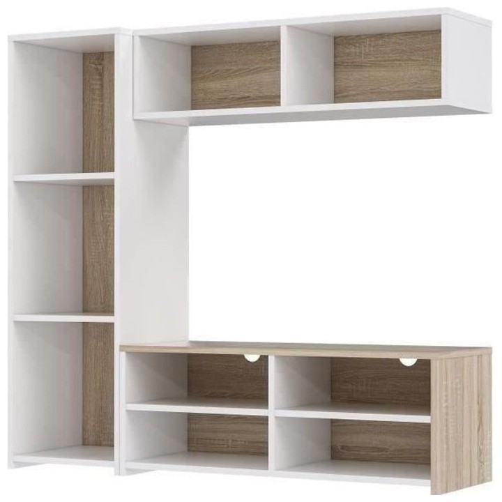 Meuble TV PILVI - Blanc et chene - L 143,5 x P 40 x H 129 cm