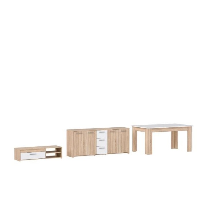 Pilvi ensemble Meuble TV Buffet & Table a manger - Blanc mat et chene